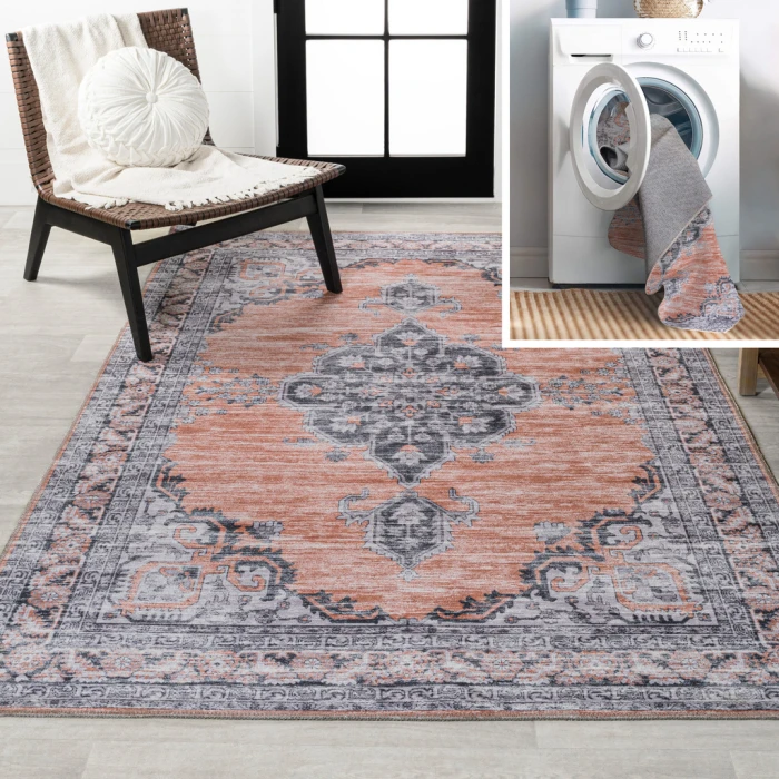 Wincer Chenille Cottage Medallion Machine-Washable Orange/Gray 4 ft. x 6 ft. Area Rug