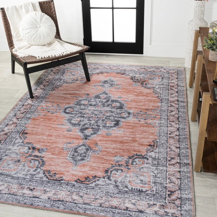 Wincer Chenille Cottage Medallion Machine-Washable Orange/Gray 4 ft. x 6 ft. Area Rug
