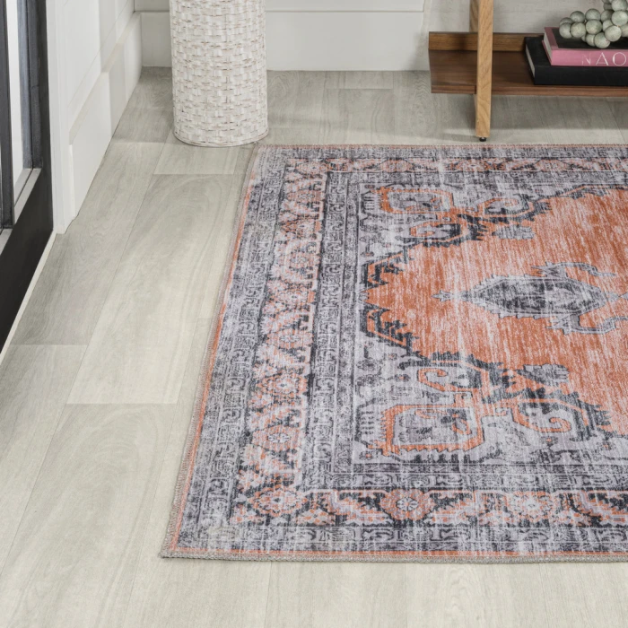Wincer Chenille Cottage Medallion Machine-Washable Orange/Gray 4 ft. x 6 ft. Area Rug