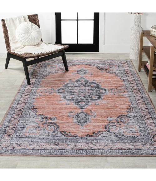 Wincer Chenille Cottage Medallion Machine-Washable Orange/Gray 5 ft. x 8 ft. Area Rug