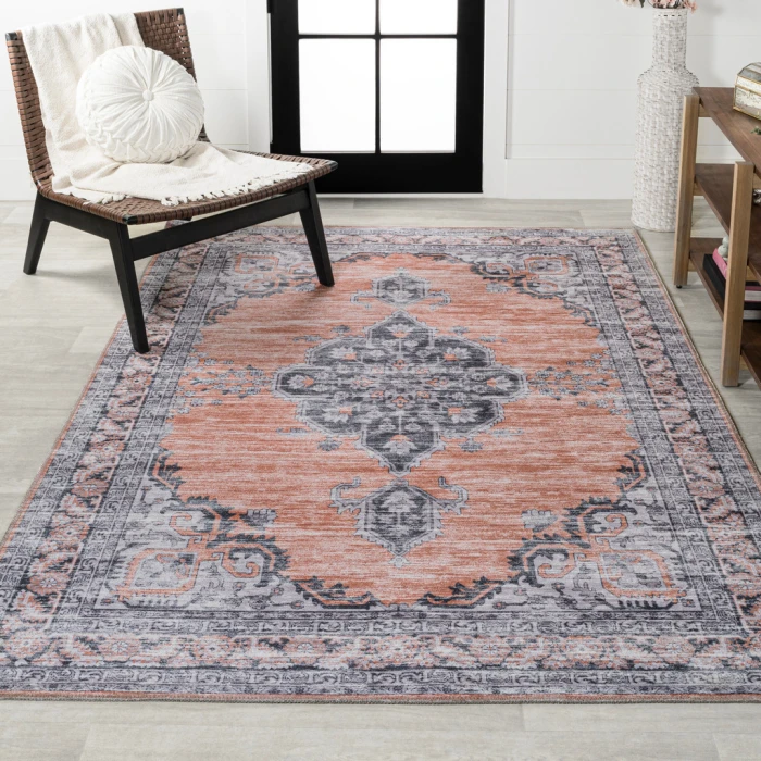 Wincer Chenille Cottage Medallion Machine-Washable Orange/Gray 4 ft. x 6 ft. Area Rug