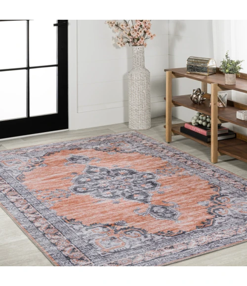 Wincer Chenille Cottage Medallion Machine-Washable Orange/Gray 5 ft. x 8 ft. Area Rug