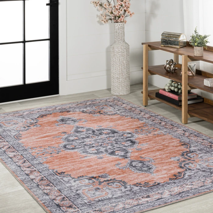 Wincer Chenille Cottage Medallion Machine-Washable Orange/Gray 4 ft. x 6 ft. Area Rug