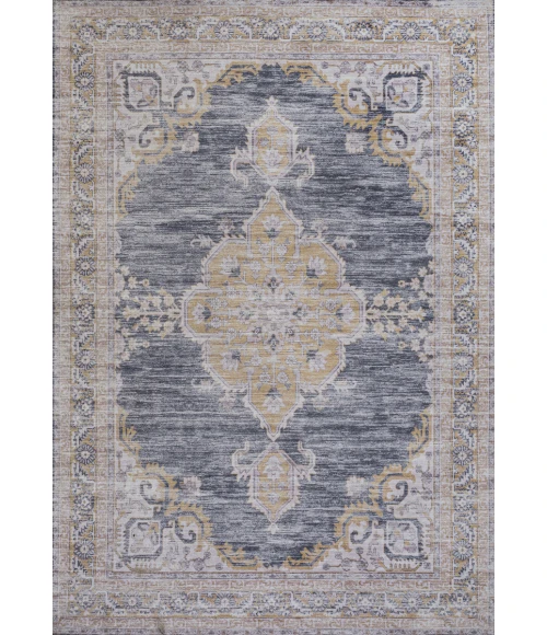 Wincer Chenille Cottage Medallion Machine-Washable Dark Gray/Yellow 8 ft. x 10 ft. Area Rug
