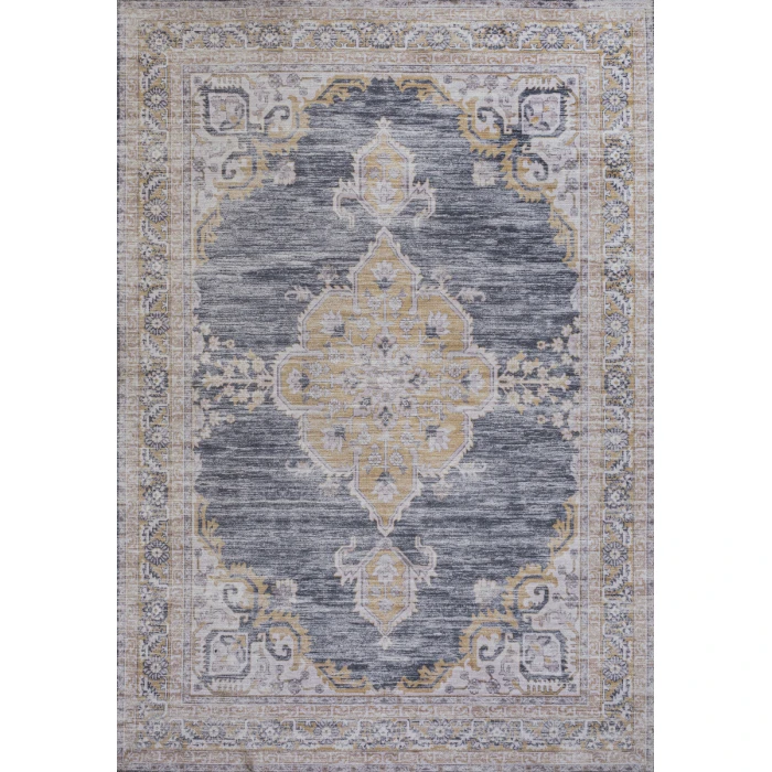 Wincer Chenille Cottage Medallion Machine-Washable Dark Gray/Yellow 5 ft. x 8 ft. Area Rug