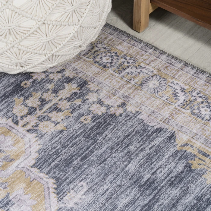 Wincer Chenille Cottage Medallion Machine-Washable Dark Gray/Yellow 5 ft. x 8 ft. Area Rug