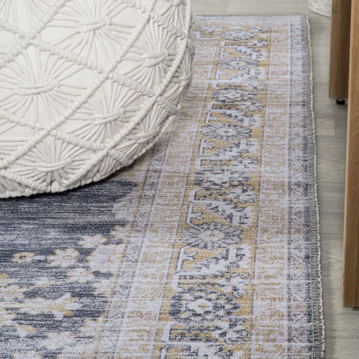 Wincer Chenille Cottage Medallion Machine-Washable Dark Gray/Yellow 5 ft. x 8 ft. Area Rug