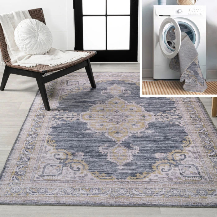 Wincer Chenille Cottage Medallion Machine-Washable Dark Gray/Yellow 5 ft. x 8 ft. Area Rug