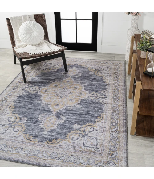 Wincer Chenille Cottage Medallion Machine-Washable Dark Gray/Yellow 8 ft. x 10 ft. Area Rug