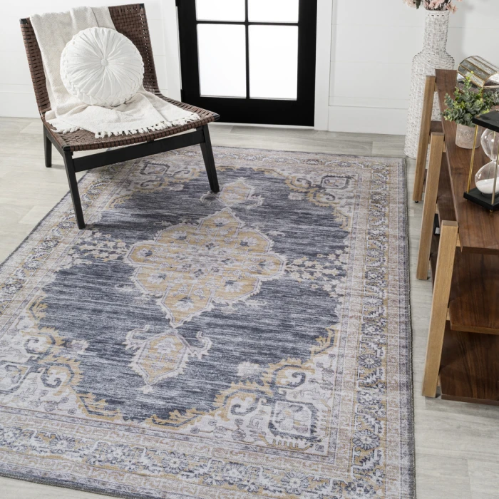 Wincer Chenille Cottage Medallion Machine-Washable Dark Gray/Yellow 5 ft. x 8 ft. Area Rug