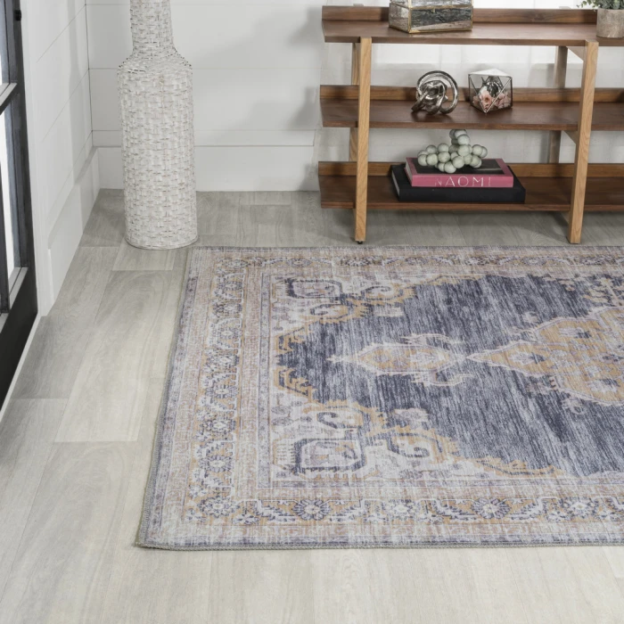 Wincer Chenille Cottage Medallion Machine-Washable Dark Gray/Yellow 5 ft. x 8 ft. Area Rug