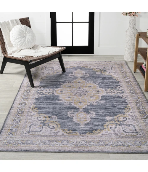 Wincer Chenille Cottage Medallion Machine-Washable Dark Gray/Yellow 8 ft. x 10 ft. Area Rug