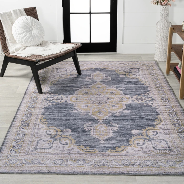 Wincer Chenille Cottage Medallion Machine-Washable Dark Gray/Yellow 5 ft. x 8 ft. Area Rug