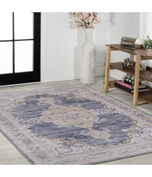 Wincer Chenille Cottage Medallion Machine-Washable Dark Gray/Yellow 8 ft. x 10 ft. Area Rug