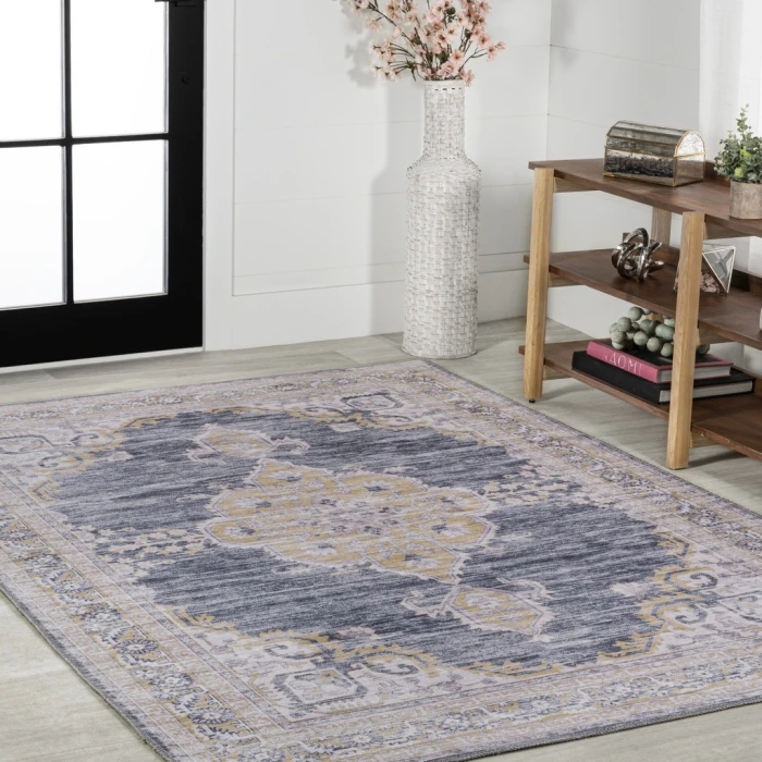 Wincer Chenille Cottage Medallion Machine-Washable Dark Gray/Yellow 5 ft. x 8 ft. Area Rug