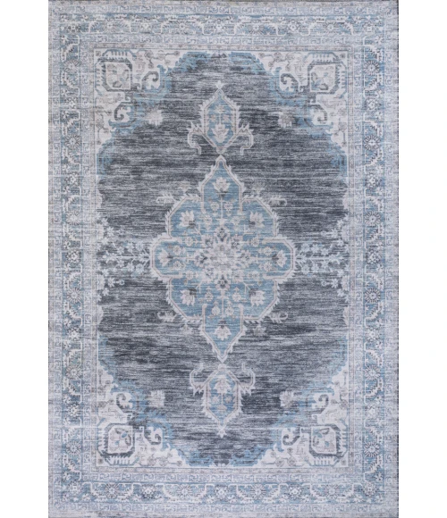 Wincer Chenille Cottage Medallion Machine-Washable Gray/Blue/White 8 ft. x 10 ft. Area Rug