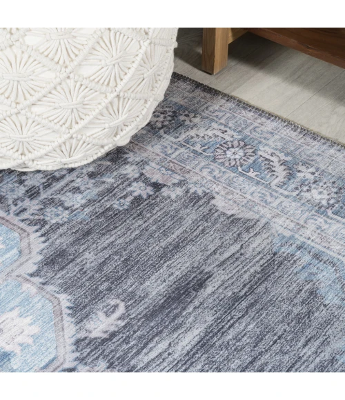 Wincer Chenille Cottage Medallion Machine-Washable Gray/Blue/White 8 ft. x 10 ft. Area Rug