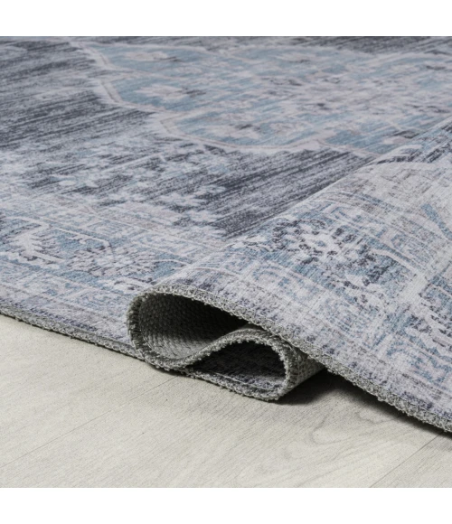 Wincer Chenille Cottage Medallion Machine-Washable Gray/Blue/White 8 ft. x 10 ft. Area Rug