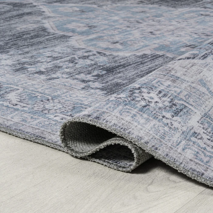 Wincer Chenille Cottage Medallion Machine-Washable Gray/Blue/White 5 ft. x 8 ft. Area Rug