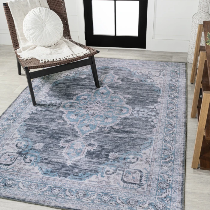 Wincer Chenille Cottage Medallion Machine-Washable Gray/Blue/White 5 ft. x 8 ft. Area Rug