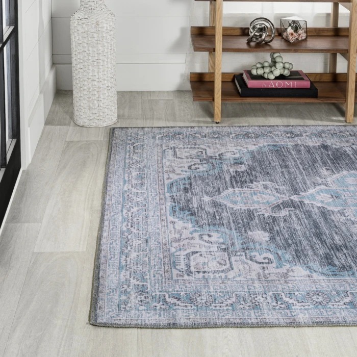 Wincer Chenille Cottage Medallion Machine-Washable Gray/Blue/White 5 ft. x 8 ft. Area Rug