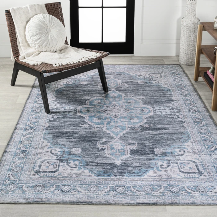 Wincer Chenille Cottage Medallion Machine-Washable Gray/Blue/White 5 ft. x 8 ft. Area Rug
