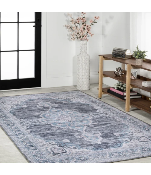 Wincer Chenille Cottage Medallion Machine-Washable Gray/Blue/White 8 ft. x 10 ft. Area Rug