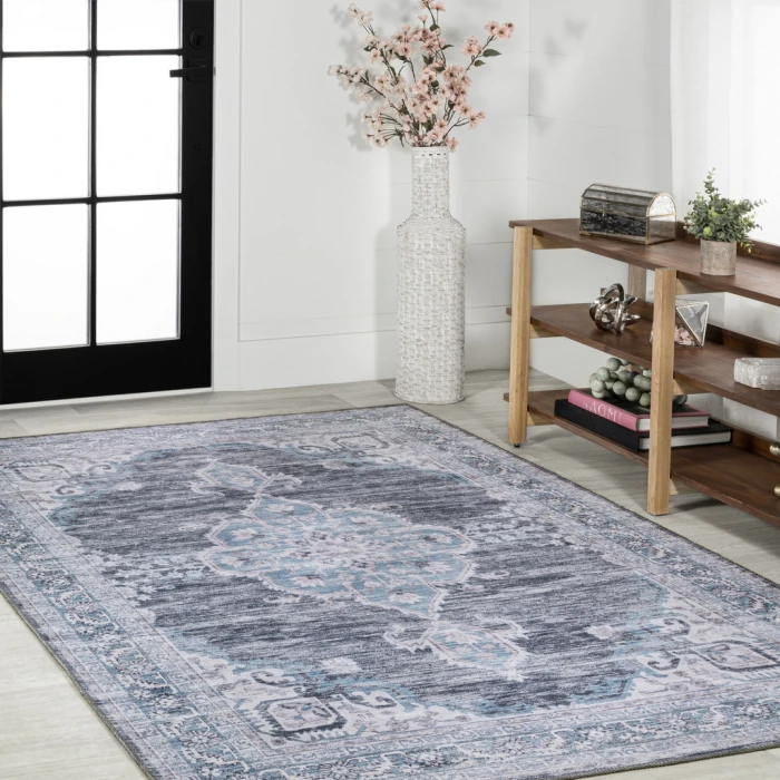 Wincer Chenille Cottage Medallion Machine-Washable Gray/Blue/White 5 ft. x 8 ft. Area Rug