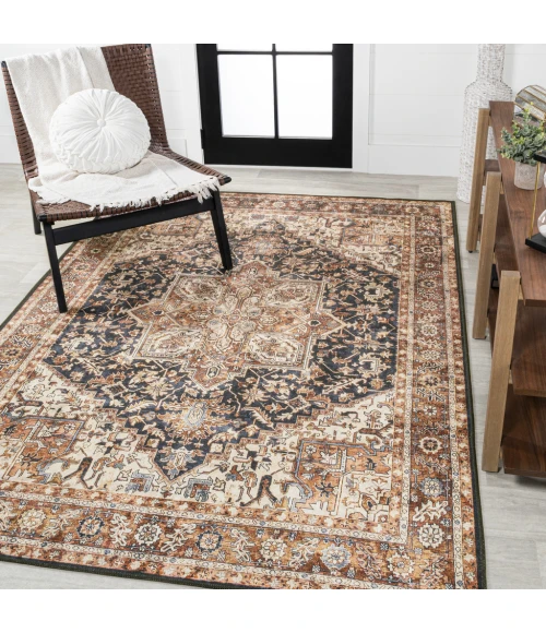 Chapell Chenille Mid-Century Medallion Machine-Washable Black/Terra 3 ft. x 5 ft. Area Rug