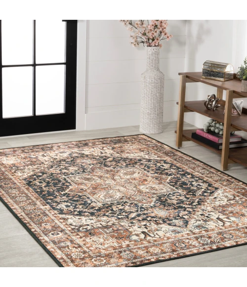 Chapell Chenille Mid-Century Medallion Machine-Washable Black/Terra 3 ft. x 5 ft. Area Rug