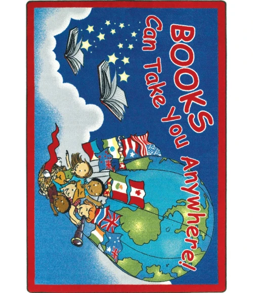 Joy Carpets Kid Essentials Sky Blue Books Can Take You Anywhere 10ft.9in. x 13ft.2in. Rect. Rug