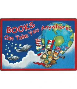Joy Carpets Kid Essentials Sky Blue Books Can Take You Anywhere 7ft.8in. x 10ft.9in. Oval Rug