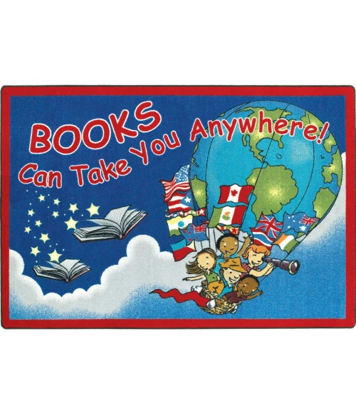 Joy Carpets Kid Essentials Sky Blue Books Can Take You Anywhere 10ft.9in. x 13ft.2in. Oval Rug