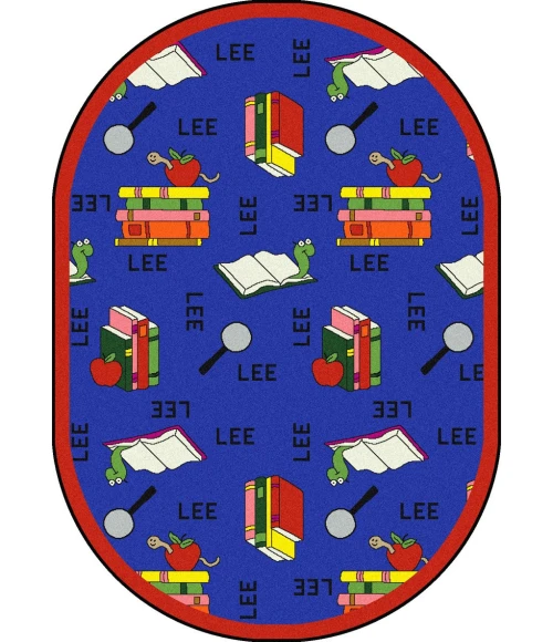 Joy Carpets Kid Essentials Blue Bookworm (Spanish) 5ft.4in. x 7ft.8in. Oval Rug