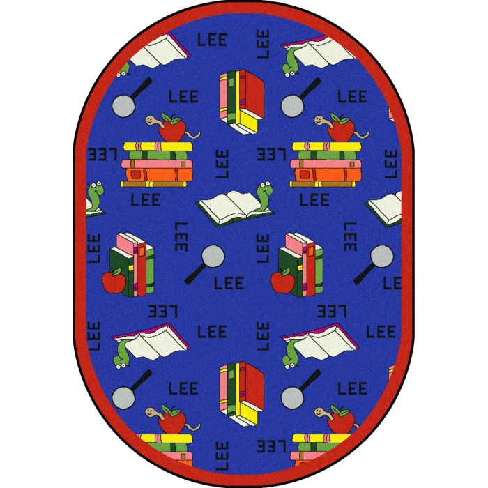 Joy Carpets Kid Essentials Blue Bookworm (Spanish) 7ft.8in. x 10ft.9in. Oval Rug