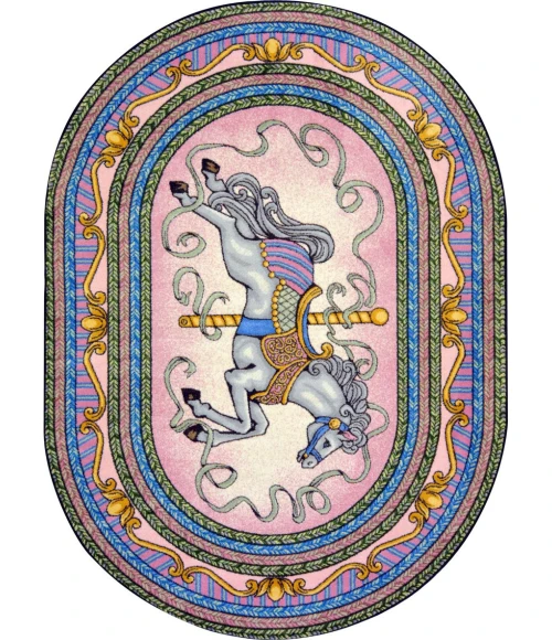 Joy Carpets Kid Essentials Pink Carousel 3ft.10in. x 5ft.4in. Oval Rug
