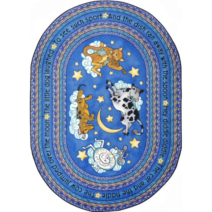 Joy Carpets Kid Essentials Blue Hey Diddle Diddle 3ft.10in. x 5ft.4in. Oval Rug