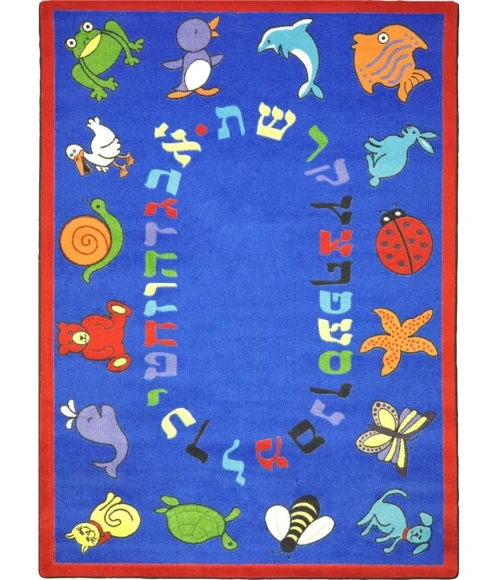 Joy Carpets Kid Essentials Blue ABC Animals (Hebrew Alphabet) 7ft.7in. Round Rug