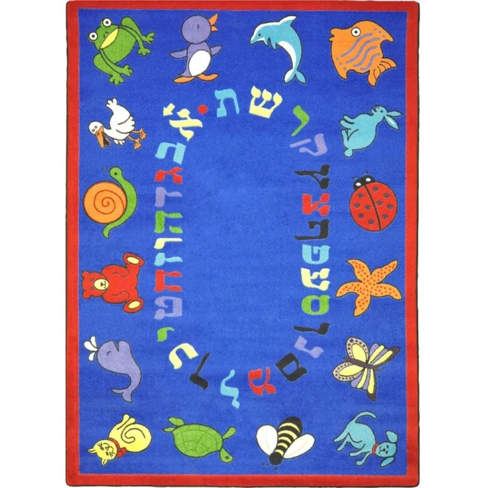 Joy Carpets Kid Essentials Blue ABC Animals (Hebrew Alphabet) 5ft.4in. x 7ft.8in. Oval Rug