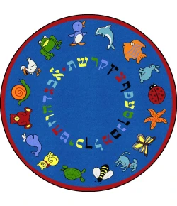Joy Carpets Kid Essentials Blue ABC Animals (Hebrew Alphabet) 7ft.7in. Round Rug