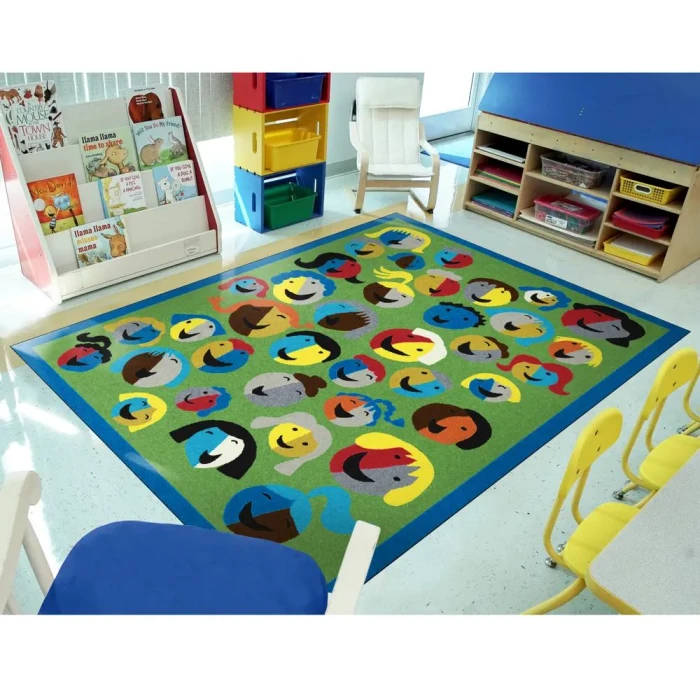 Joy Carpets Kid Essentials Green Joyful Faces 7ft.7in. Round Rug