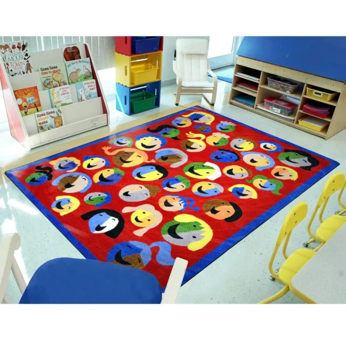 Joy Carpets Kid Essentials Red Joyful Faces 7ft.7in. Round Rug