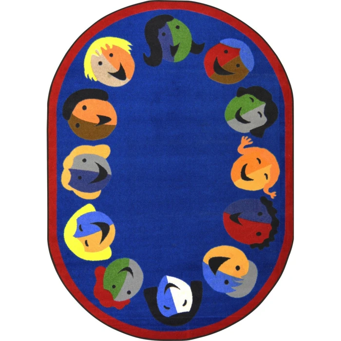 Joy Carpets Kid Essentials Blue Joyful Faces 5ft.4in. x 7ft.8in. Oval Rug