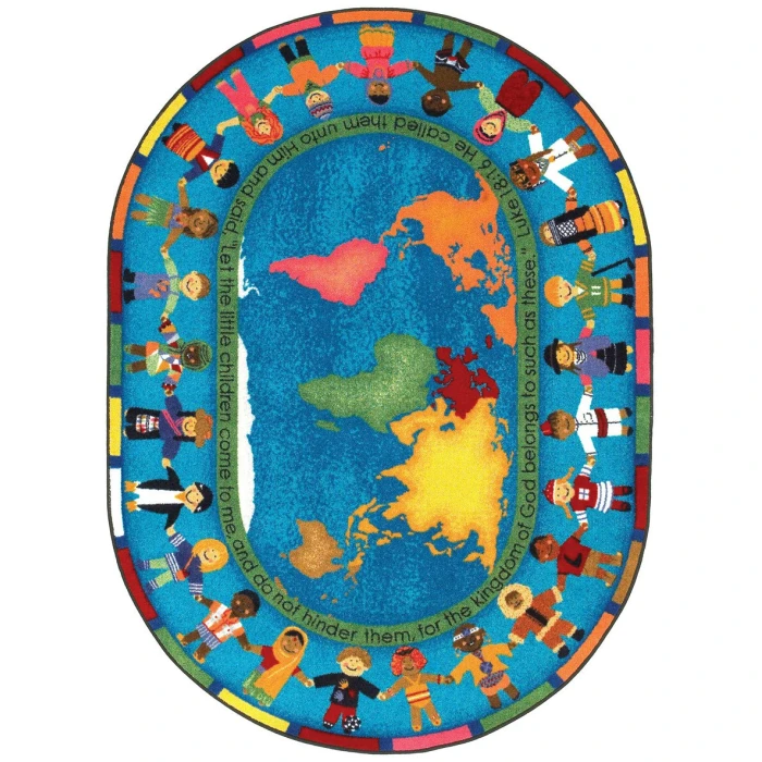 Joy Carpets Kid Essentials Multi Let the Children Come 5ft.4in. x 7ft.8in. Oval Rug