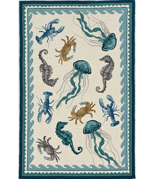 Kas Harbor 4204 Ivory/Teal Beach Life Area Rug 7'6" Round