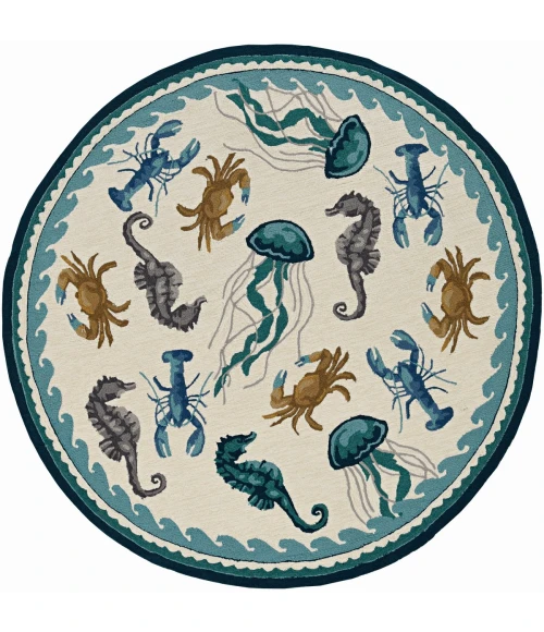 Kas Harbor 4204 Ivory/Teal Beach Life Area Rug 7'6" Round