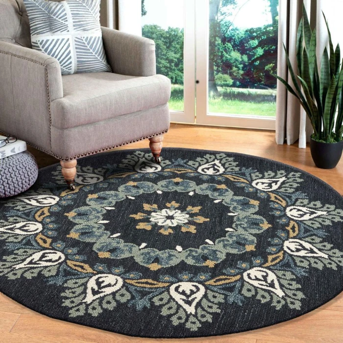Rugs Town 54097 Charcoal/ Teal 6' Round Rug