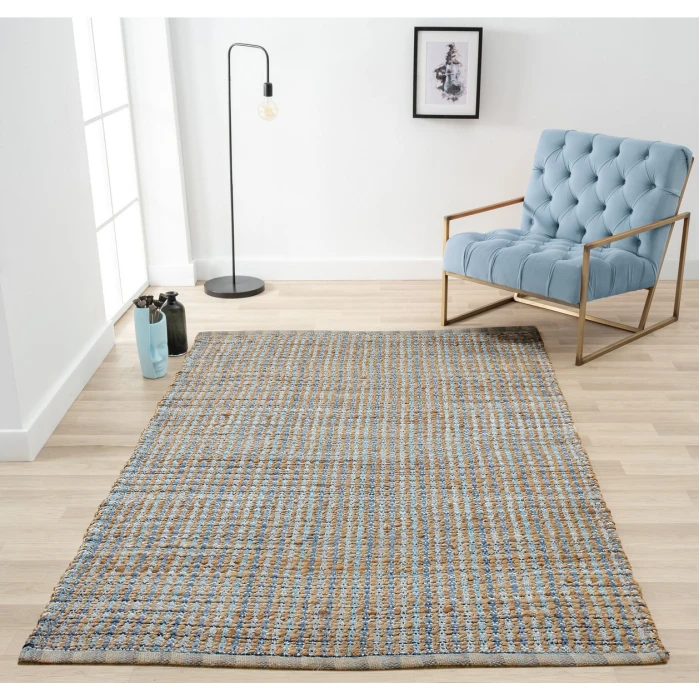 LR Home Natural Fiber Tan/Light Blue/Medium Blue 03305 5 ft. X 7 ft. 9 in. Rect. Rug
