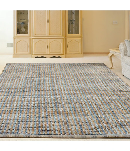 LR Home Natural Fiber Tan/Light Blue/Medium Blue 03305 5 ft. X 7 ft. 9 in. Rect. Rug