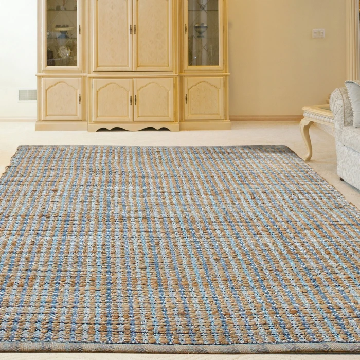 LR Home Natural Fiber Tan/Light Blue/Medium Blue 03305 5 ft. X 7 ft. 9 in. Rect. Rug